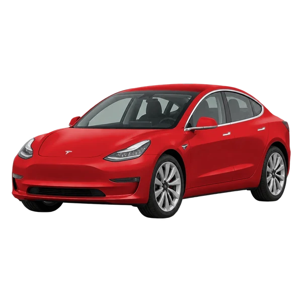 Tesla Model 3 2021 باللون أحمر، منظر منظر أمامي بزاوية ثلاثة أرباع (متجه لليسار)