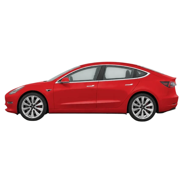 Tesla Model 3 2021 باللون أحمر، منظر جانبي (متجه إلى اليسار)