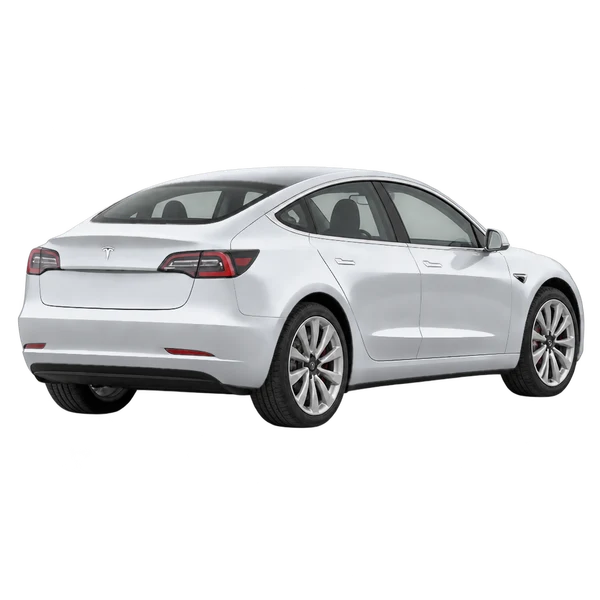 Tesla Model 3 2021 باللون فضي، منظر منظر خلفي بزاوية ثلاثة أرباع (باتجاه اليمين)