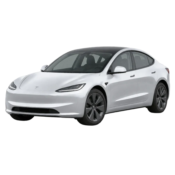 Tesla Model 3 2024 باللون فضي، منظر منظر أمامي بزاوية ثلاثة أرباع (متجه لليسار)