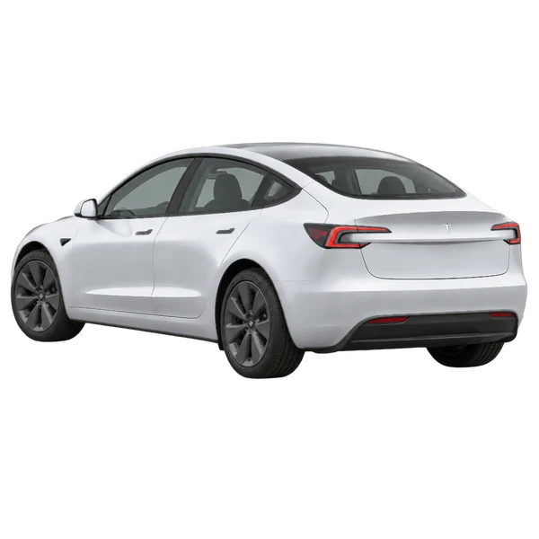 Tesla Model 3 2027 en plateado, vista tres cuartos trasero (mirando a la izquierda)
