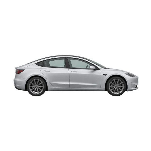 Tesla Model 3 2027 en plateado, vista lateral (hacia la derecha)
