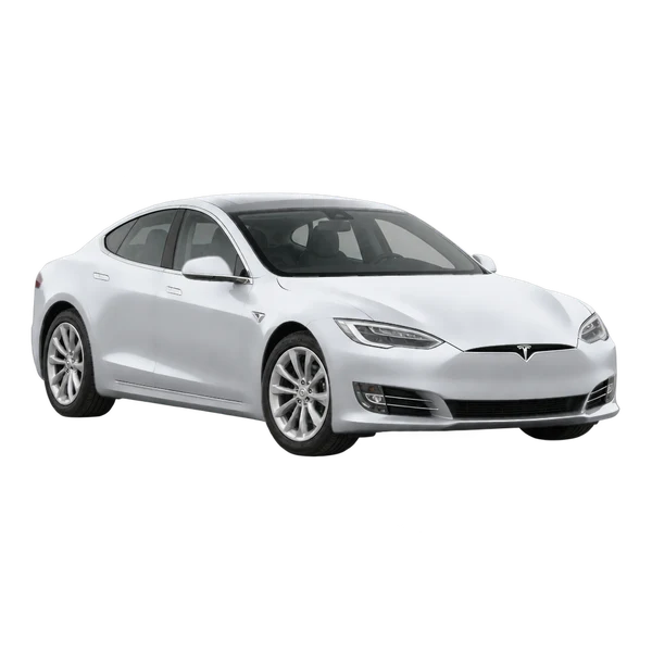 Tesla Model S 90D 2016 باللون فضي، منظر منظر أمامي بزاوية ثلاثة أرباع (متجه لليسار)