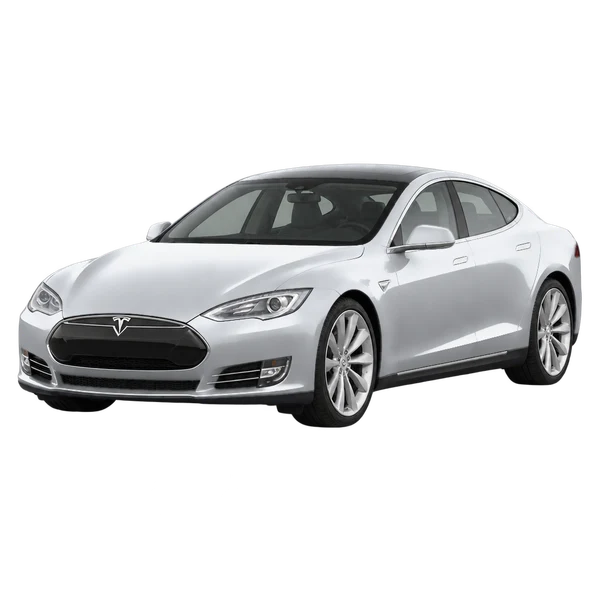 Tesla Model S 2013 باللون فضي، منظر منظر أمامي بزاوية ثلاثة أرباع (متجه لليسار)