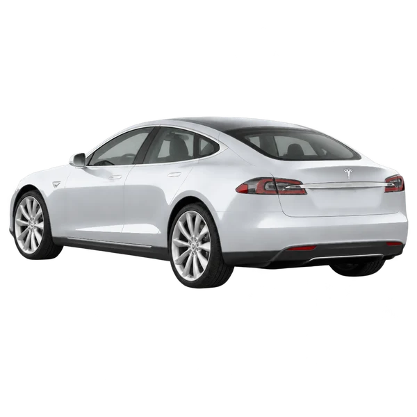Tesla Model S 2014 باللون فضي، منظر ثلاثة أرباع خلفي (باتجاه اليسار)