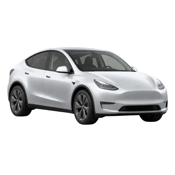 Tesla Model Y AWD 2023 باللون فضي، منظر منظر أمامي بزاوية ثلاثة أرباع (متجه لليسار)