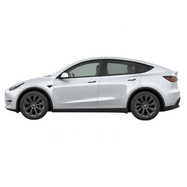 Tesla Model Y Long Range AWD 2025 en plateado, vista lateral (mirando a la izquierda)