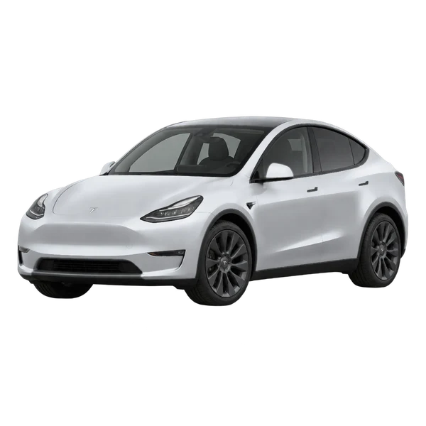 Tesla Model Y Long Range AWD 2026 باللون فضي، منظر منظر أمامي بزاوية ثلاثة أرباع (متجه لليسار)