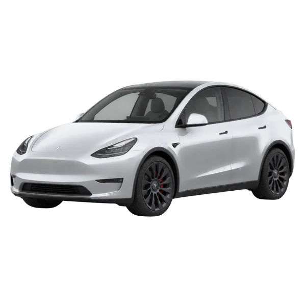 シルバーの2024 Tesla Model Y Performance AWD(フロントスリークォーター(左向き)ビュー)
