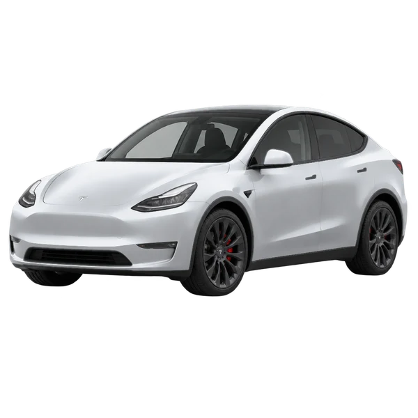 Tesla Model Y Performance AWD 2026 باللون فضي، منظر منظر أمامي بزاوية ثلاثة أرباع (متجه لليسار)