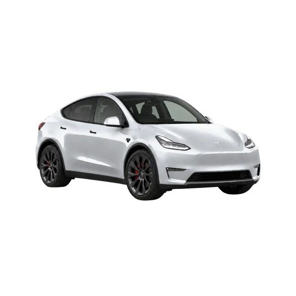 Tesla Model Y Performance AWD 2026 باللون فضي، منظر زاوية ثلاثة أرباع أمامية (باتجاه اليمين)