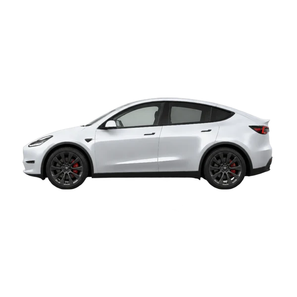 Tesla Model Y Performance AWD 2026 باللون فضي، منظر جانبي (متجه إلى اليسار)