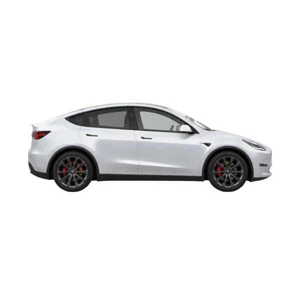 Tesla Model Y Performance AWD 2026 باللون فضي، منظر منظر جانبي (باتجاه اليمين)