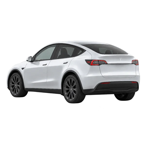 Tesla Model Y 2021 باللون فضي، منظر ثلاثة أرباع خلفي (باتجاه اليسار)