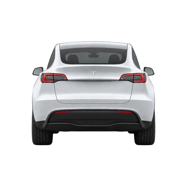 Tesla Model Y 2021 باللون فضي، منظر من الخلف