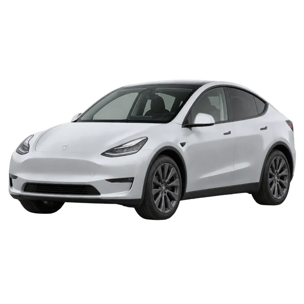 シルバーの2025 Tesla Model Y（フロントスリークォーター(左向き)ビュー）