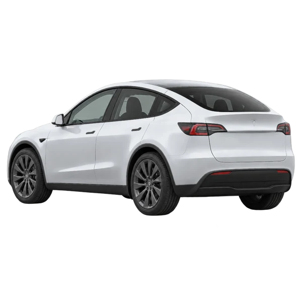 シルバーの2025 Tesla Model Y（リア斜め（左向き）ビュー）