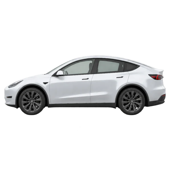 シルバーの2025 Tesla Model Y（側面（左向き）ビュー）