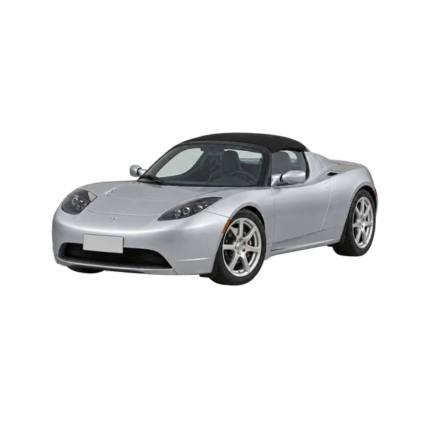 Tesla Roadster 2010 باللون فضي، منظر منظر أمامي بزاوية ثلاثة أرباع (متجه لليسار)