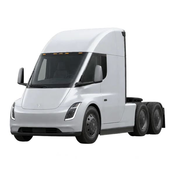 Tesla Semi 2027 باللون فضي، منظر منظر أمامي بزاوية ثلاثة أرباع (متجه لليسار)