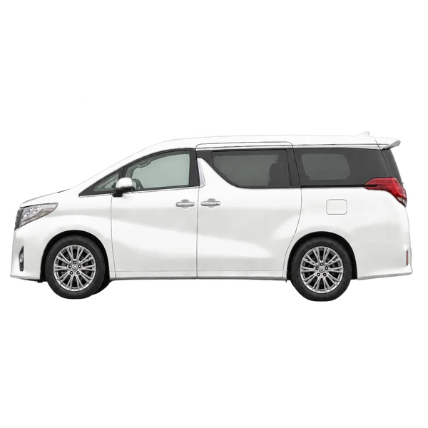 Toyota Alphard 2016 باللون أبيض، منظر جانبي (متجه إلى اليسار)