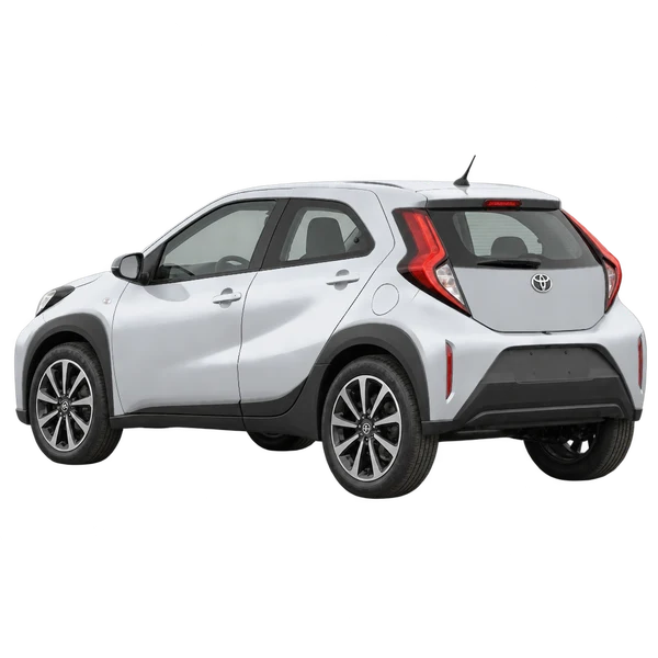 silver 2026 Toyota Aygo X rear three-quarter (facing left) view