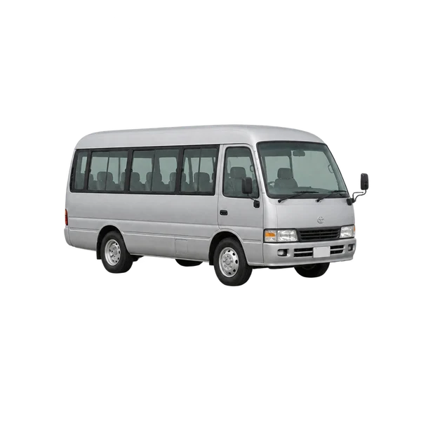 Toyota Coaster 1995 باللون فضي، منظر منظر أمامي بزاوية ثلاثة أرباع (متجه لليسار)