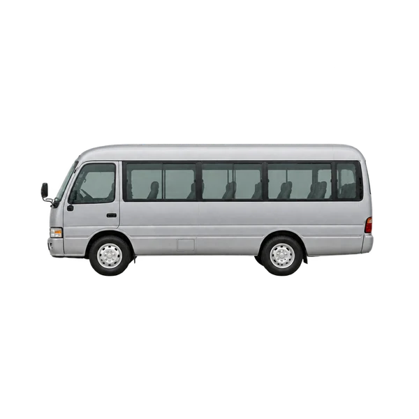 Toyota Coaster 1995 باللون فضي، منظر جانبي (متجه إلى اليسار)