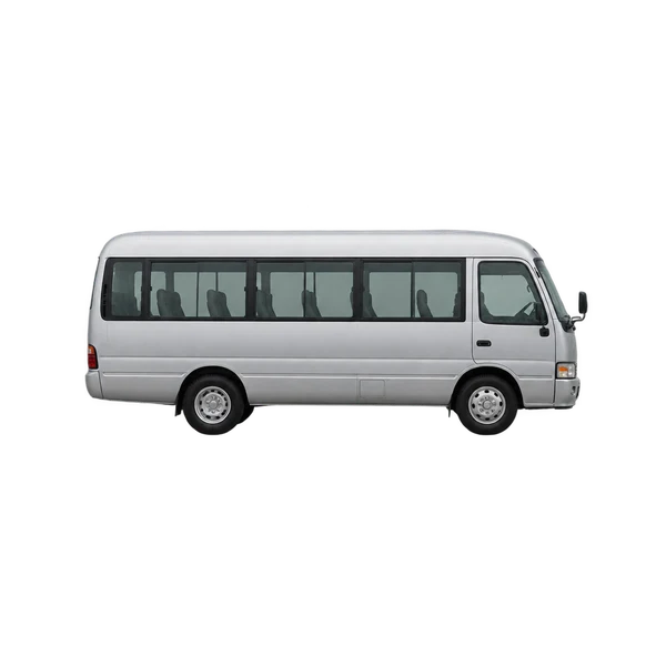 Toyota Coaster 1995 باللون فضي، منظر منظر جانبي (باتجاه اليمين)