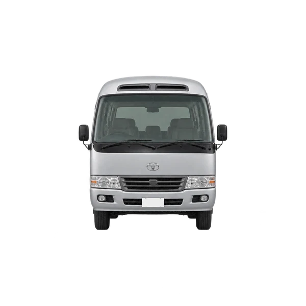 Toyota Coaster 2015 باللون فضي، منظر أمامي