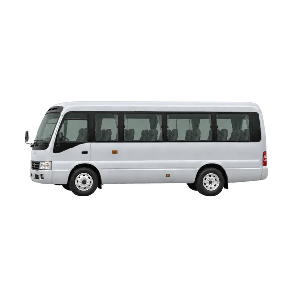 Toyota Coaster 2015 باللون فضي، منظر جانبي (متجه إلى اليسار)