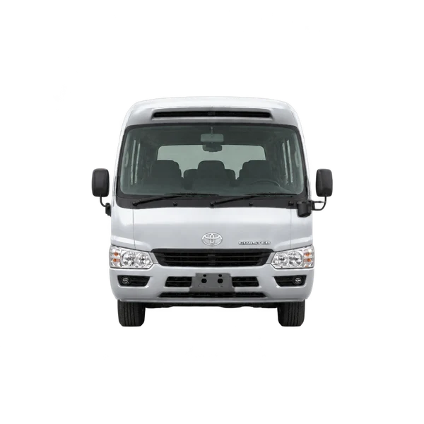 Toyota Coaster 2019 باللون فضي، منظر أمامي