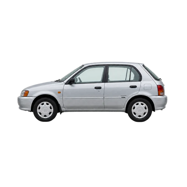 Toyota Corsa 1995 باللون فضي، منظر جانبي (متجه إلى اليسار)