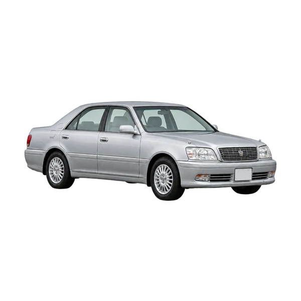 Toyota Crown 2000 en plateado, vista frontal tres cuartos (hacia la izquierda)