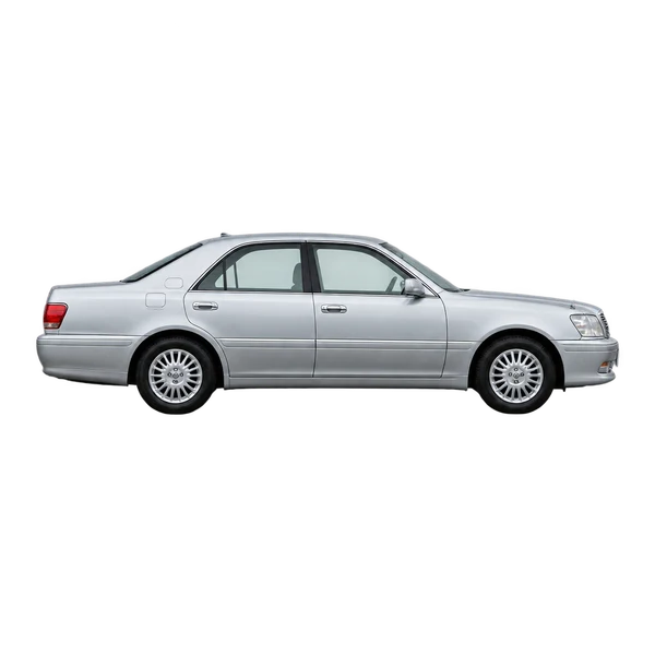 Toyota Crown 2000 en plateado, vista lateral (hacia la derecha)