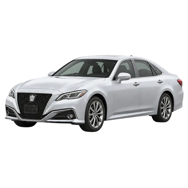 Toyota Crown 2019 باللون فضي، منظر منظر أمامي بزاوية ثلاثة أرباع (متجه لليسار)