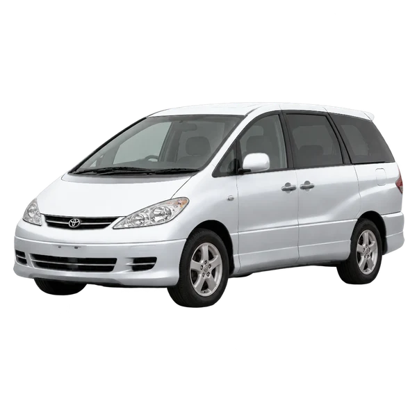 Toyota Estima 2002 باللون فضي، منظر منظر أمامي بزاوية ثلاثة أرباع (متجه لليسار)