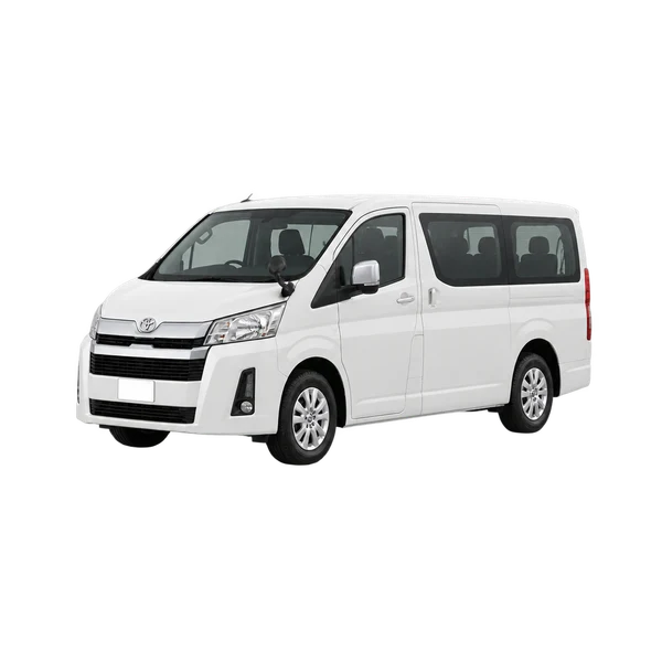 2021 Toyota Hiace in weiß, Ansicht: Dreiviertelansicht vorne (nach links gerichtet)