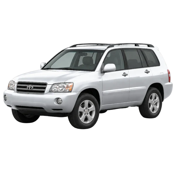 Toyota Highlander 2005 باللون فضي، منظر منظر أمامي بزاوية ثلاثة أرباع (متجه لليسار)