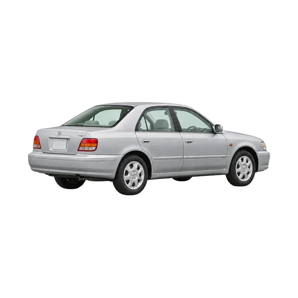 Toyota Origin 2000 باللون فضي، منظر ثلاثة أرباع خلفي (باتجاه اليسار)