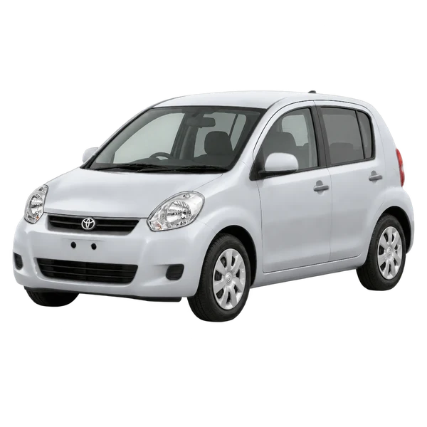Toyota Passo 2009 en plateado, vista frontal tres cuartos (hacia la izquierda)