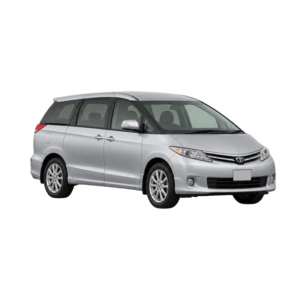 Toyota Previa 2015 باللون فضي، منظر منظر أمامي بزاوية ثلاثة أرباع (متجه لليسار)
