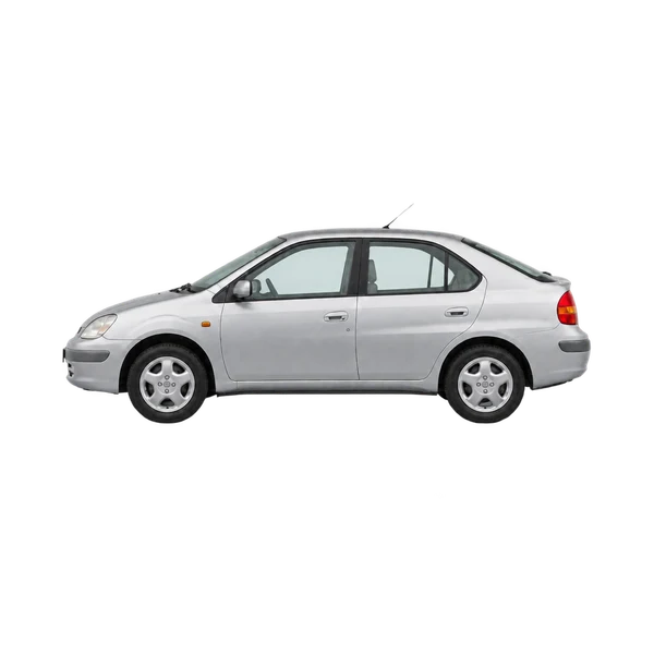 Toyota Prius 1995 en plateado, vista lateral (mirando a la izquierda)