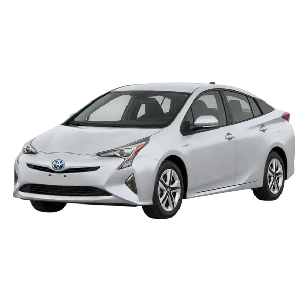 Toyota Prius 2018 باللون فضي، منظر منظر أمامي بزاوية ثلاثة أرباع (متجه لليسار)