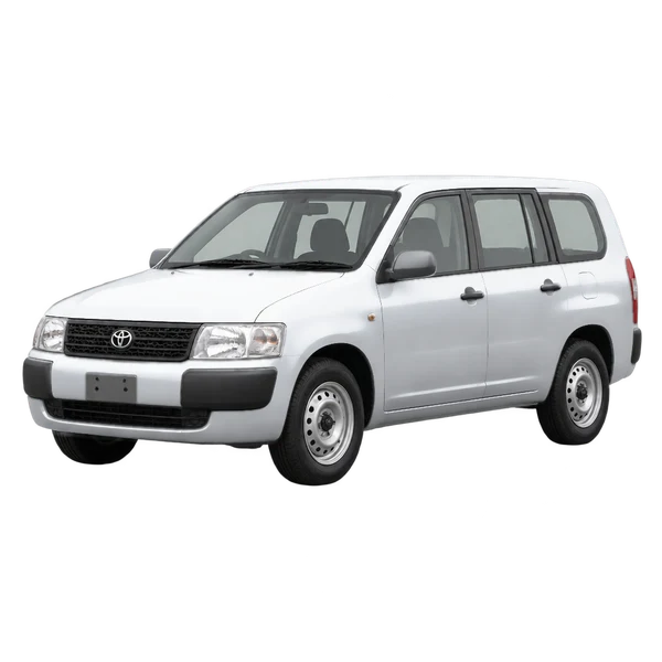 Toyota Probox 2004 prata, vista dianteira em três quartos (voltada para a esquerda)
