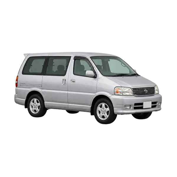 Toyota Regius 2000 باللون فضي، منظر منظر أمامي بزاوية ثلاثة أرباع (متجه لليسار)