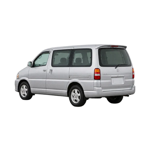 Toyota Regius 2000 باللون فضي، منظر ثلاثة أرباع خلفي (باتجاه اليسار)