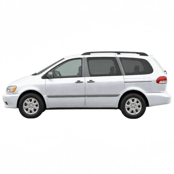 Toyota Sienna 2002 باللون فضي، منظر جانبي (متجه إلى اليسار)