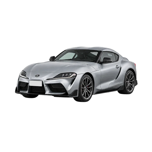 Toyota Supra 2021 باللون فضي، منظر منظر أمامي بزاوية ثلاثة أرباع (متجه لليسار)