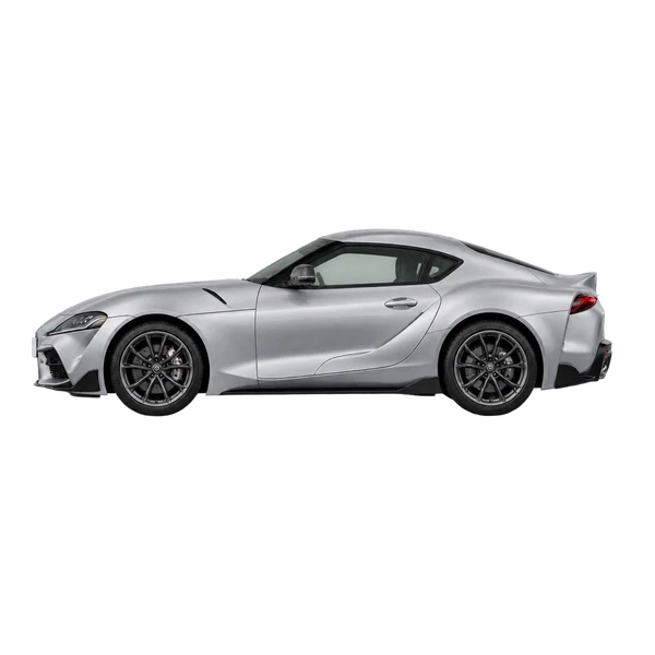 Toyota Supra 2023 باللون فضي، منظر جانبي (متجه إلى اليسار)